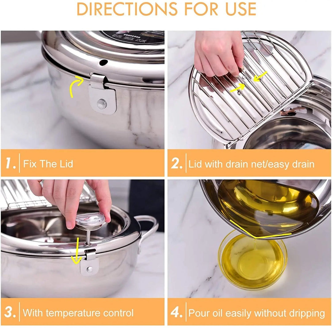 "Stainless steel deep fryer pot with thermometer, silver, heat-resistant handles, and oil drainer rack for safe frying."