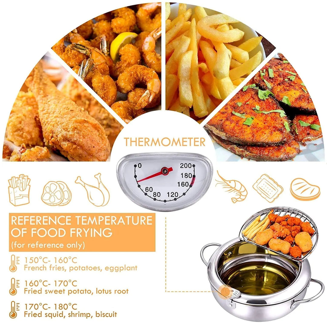 "Stainless steel deep fryer pot with thermometer, silver, heat-resistant handles, and oil drainer rack for safe frying."