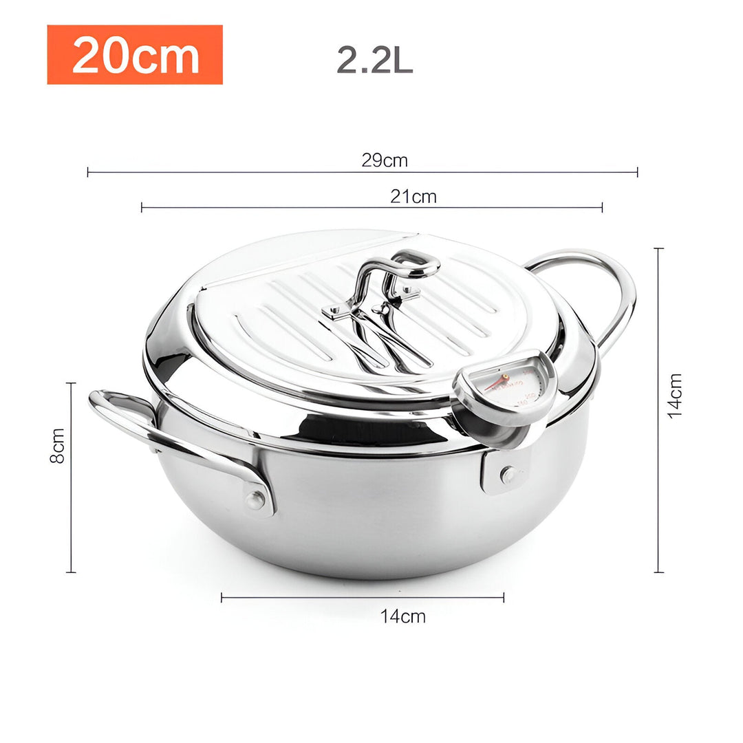 "Stainless steel deep fryer pot with thermometer, silver, heat-resistant handles, and oil drainer rack for safe frying."