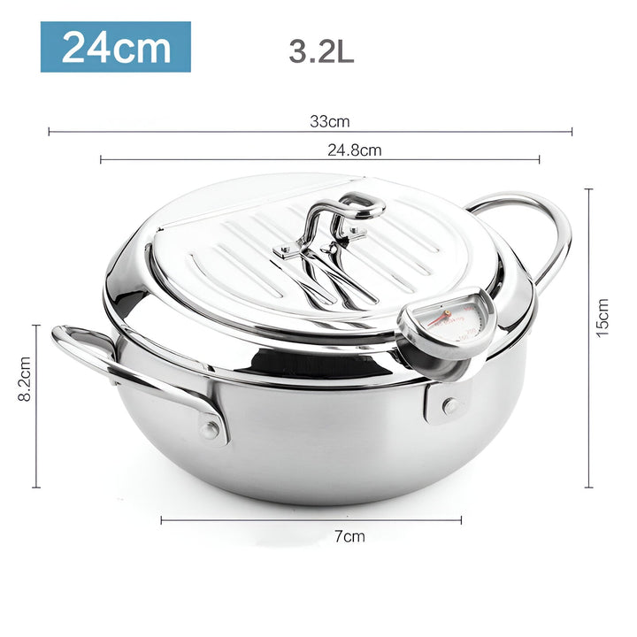 "Stainless steel deep fryer pot with thermometer, silver, heat-resistant handles, and oil drainer rack for safe frying."