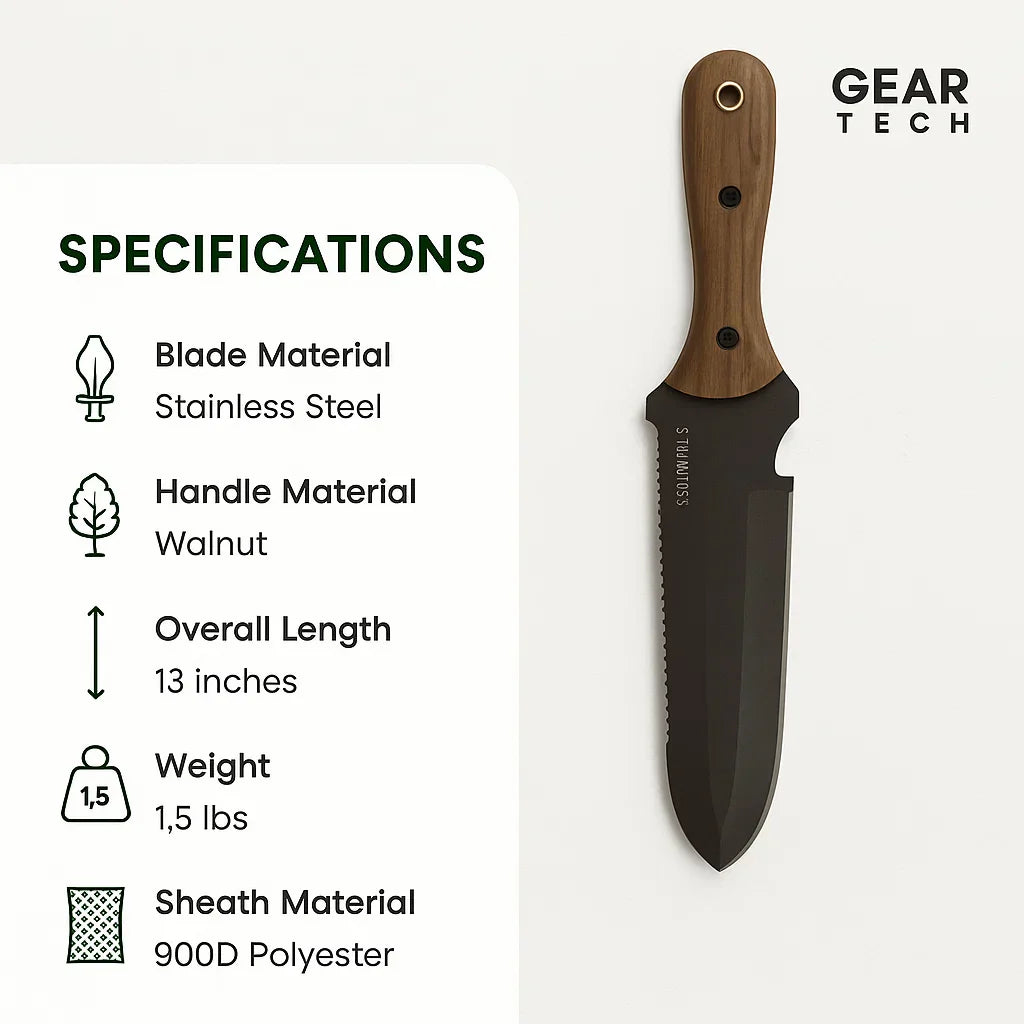 "Stainless steel Hori Hori garden tool with ergonomic walnut handle for digging and weeding in gardens."