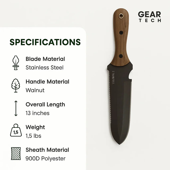 "Stainless steel Hori Hori garden tool with ergonomic walnut handle for digging and weeding in gardens."