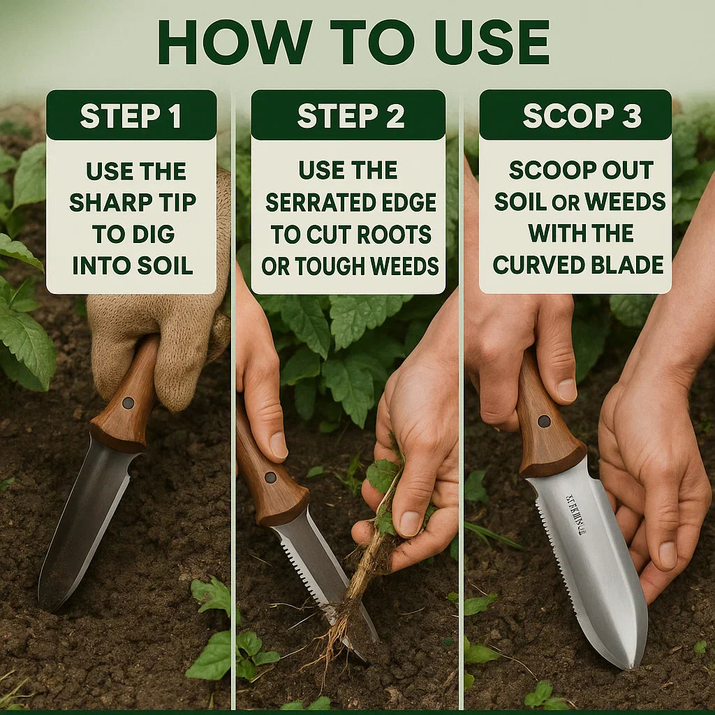 "Stainless steel Hori Hori garden tool with ergonomic walnut handle for digging and weeding in gardens."