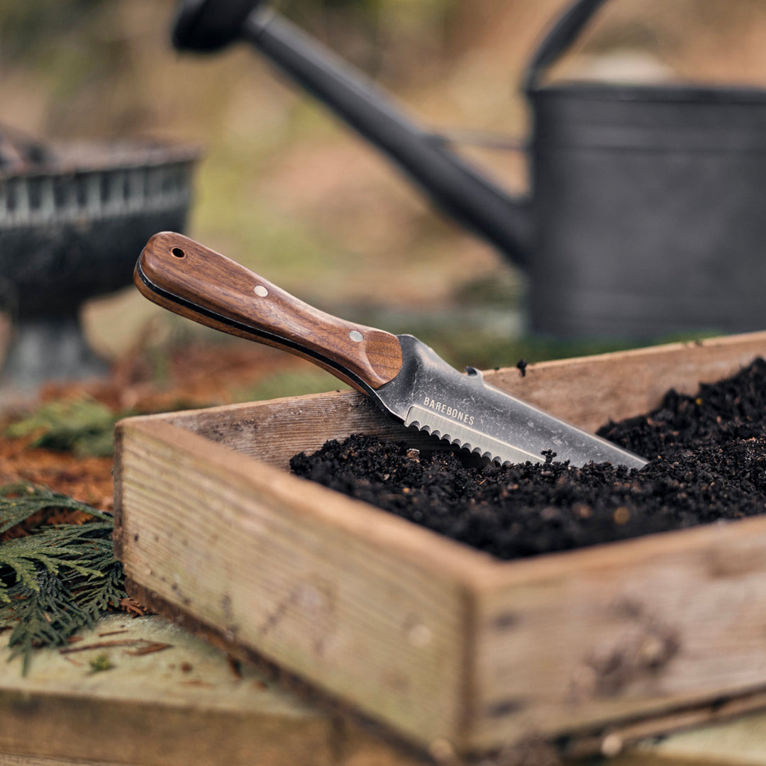 "Stainless steel Hori Hori garden tool with ergonomic walnut handle for digging and weeding in gardens."