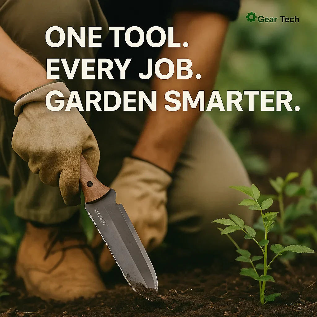 "Stainless steel Hori Hori garden tool with ergonomic walnut handle for digging and weeding in gardens."