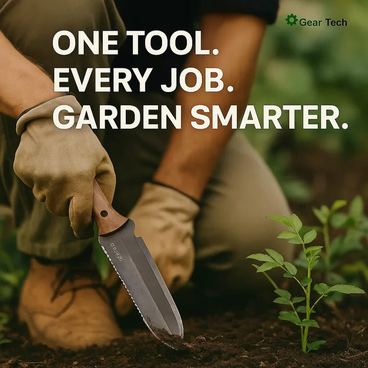 "Stainless steel Hori Hori garden tool with ergonomic walnut handle for digging and weeding in gardens."