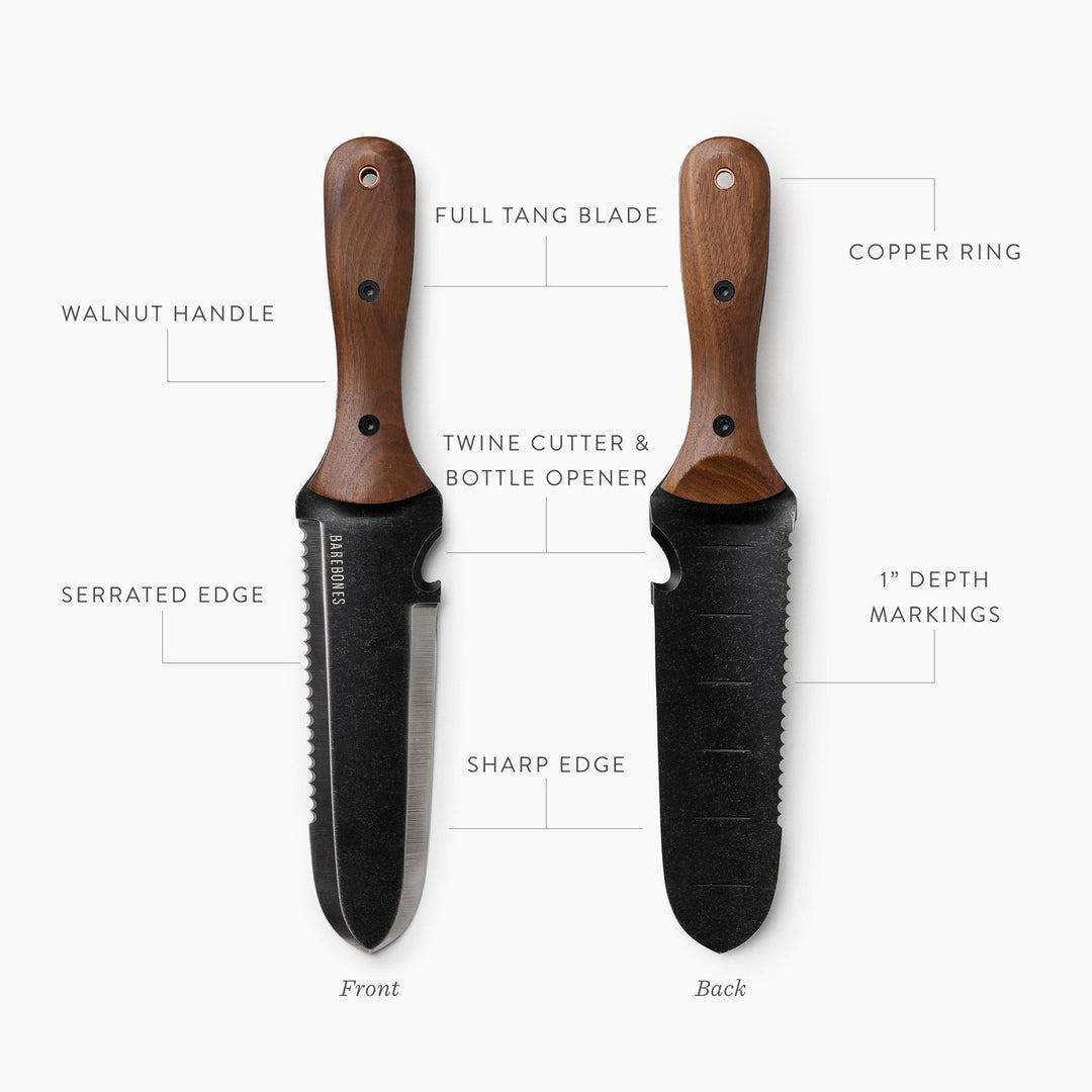 "Stainless steel Hori Hori garden tool with ergonomic walnut handle for digging and weeding in gardens."