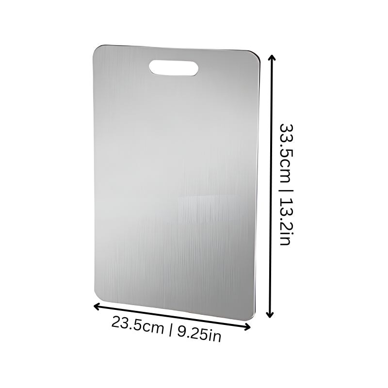 Stainless steel kitchen cutting board with sleek anti-microbial surface, perfect for durable and hygienic cooking prep.