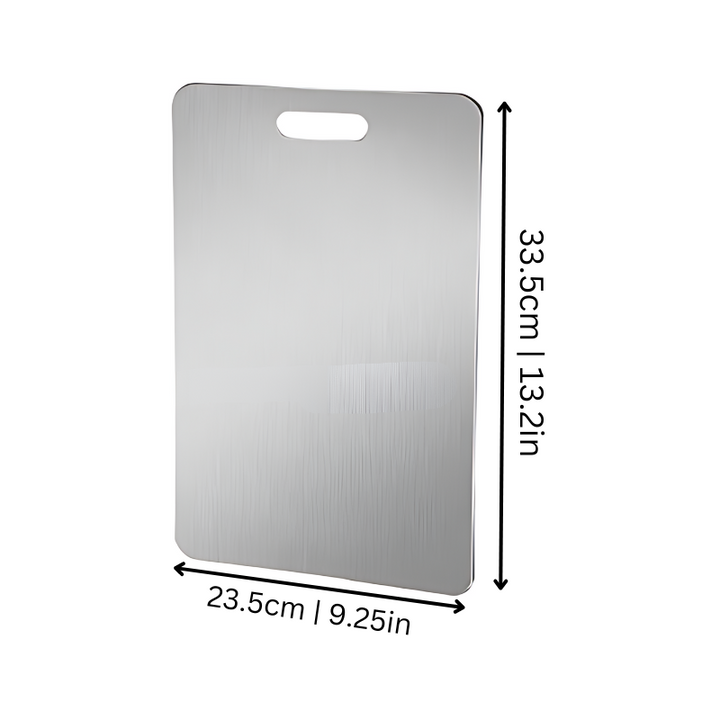 Stainless steel kitchen cutting board with sleek anti-microbial surface, perfect for durable and hygienic cooking prep.