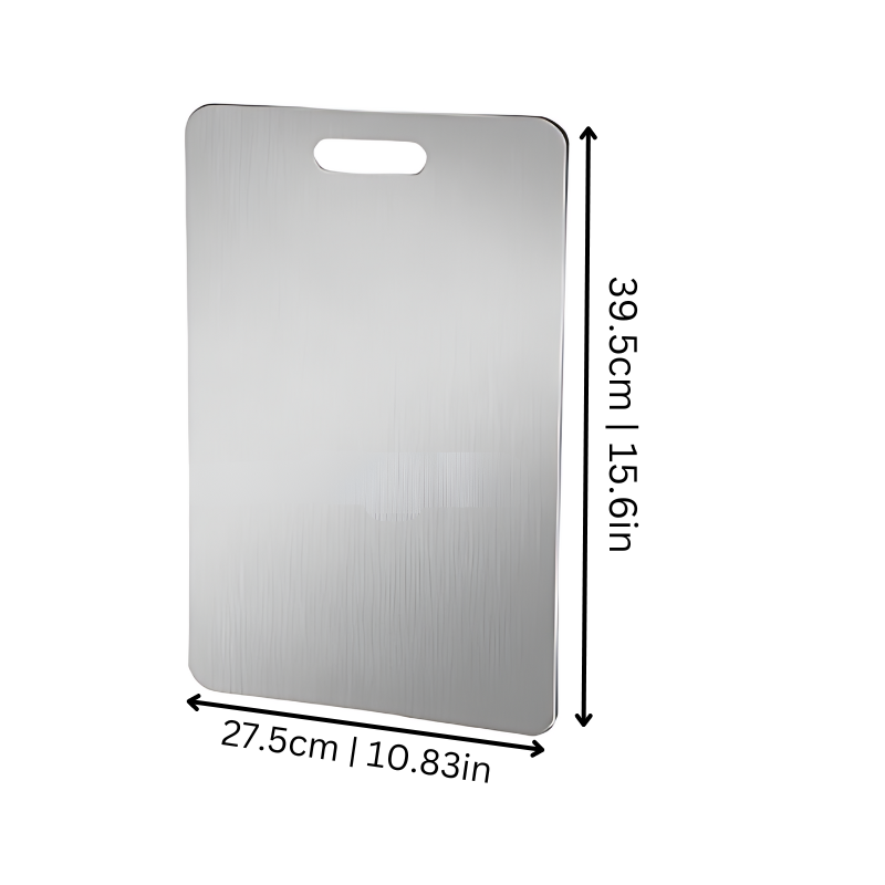 Stainless steel kitchen cutting board with sleek anti-microbial surface, perfect for durable and hygienic cooking prep.