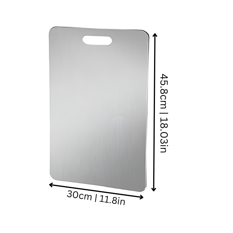 Stainless steel kitchen cutting board with sleek anti-microbial surface, perfect for durable and hygienic cooking prep.