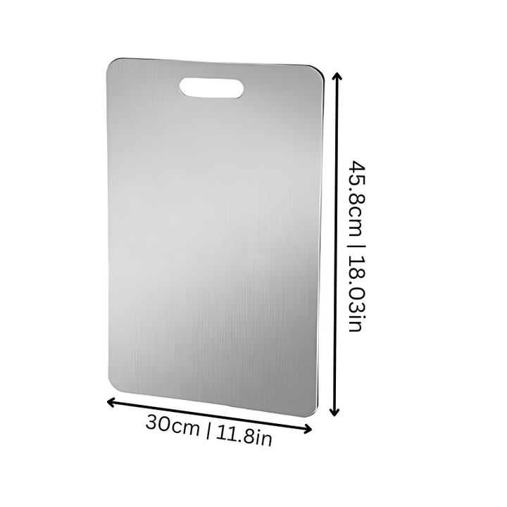 Stainless steel kitchen cutting board with sleek anti-microbial surface, perfect for durable and hygienic cooking prep.