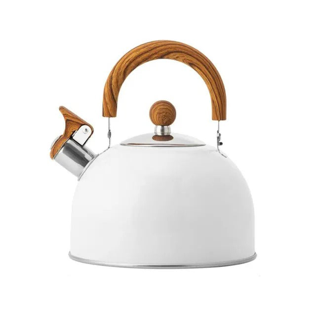 "Stainless steel whistling kettle with insulated handle, sleek design; kitchen essential for all stovetops, 3L capacity."