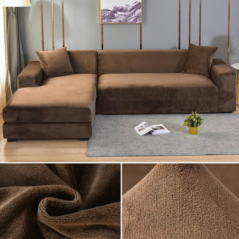 "Stretch-fit wrinkle-free washable sofa cover in beige, elegantly protecting modern couch, ideal for home decoration."