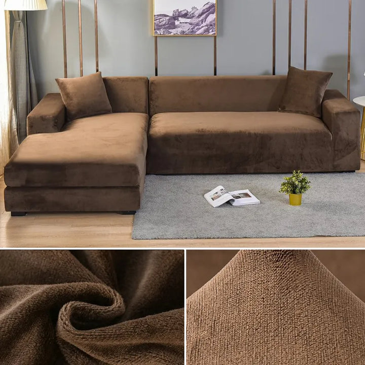 "Stretch-fit wrinkle-free washable sofa cover in beige, elegantly protecting modern couch, ideal for home decoration."