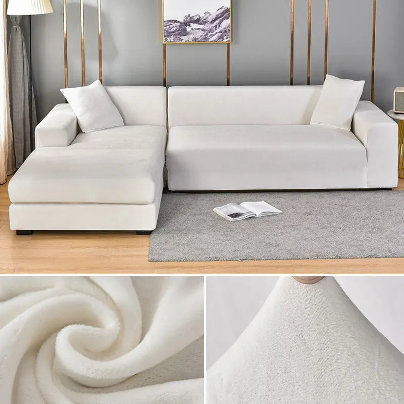 "Stretch-fit wrinkle-free washable sofa cover in beige, elegantly protecting modern couch, ideal for home decoration."