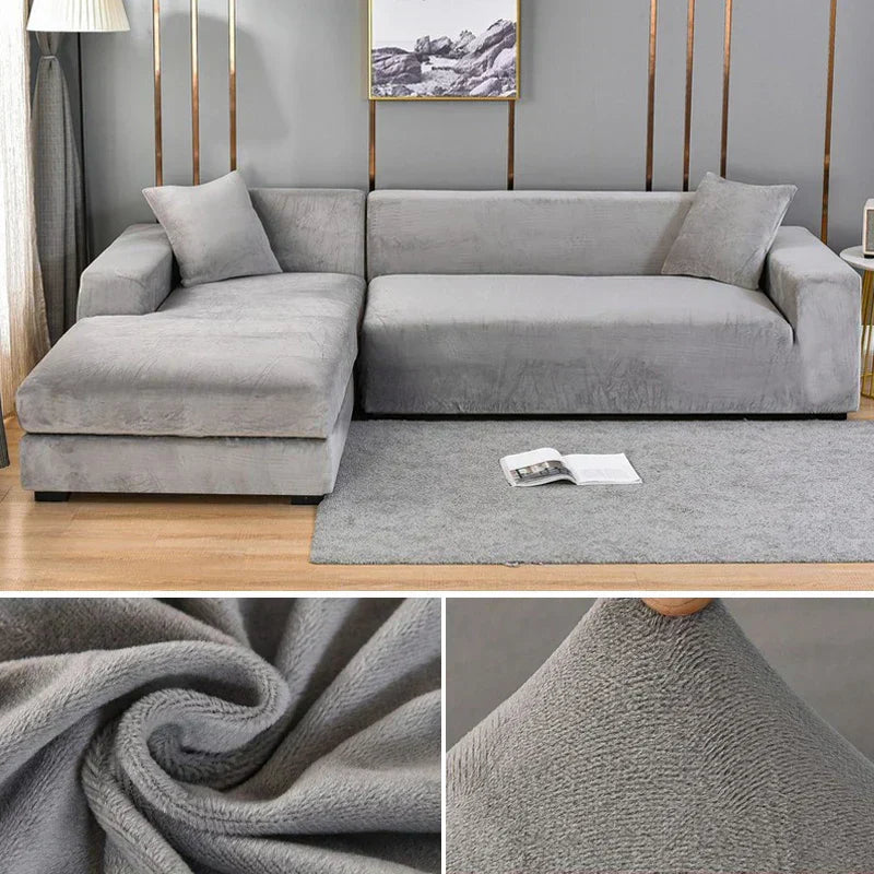 "Stretch-fit wrinkle-free washable sofa cover in beige, elegantly protecting modern couch, ideal for home decoration."