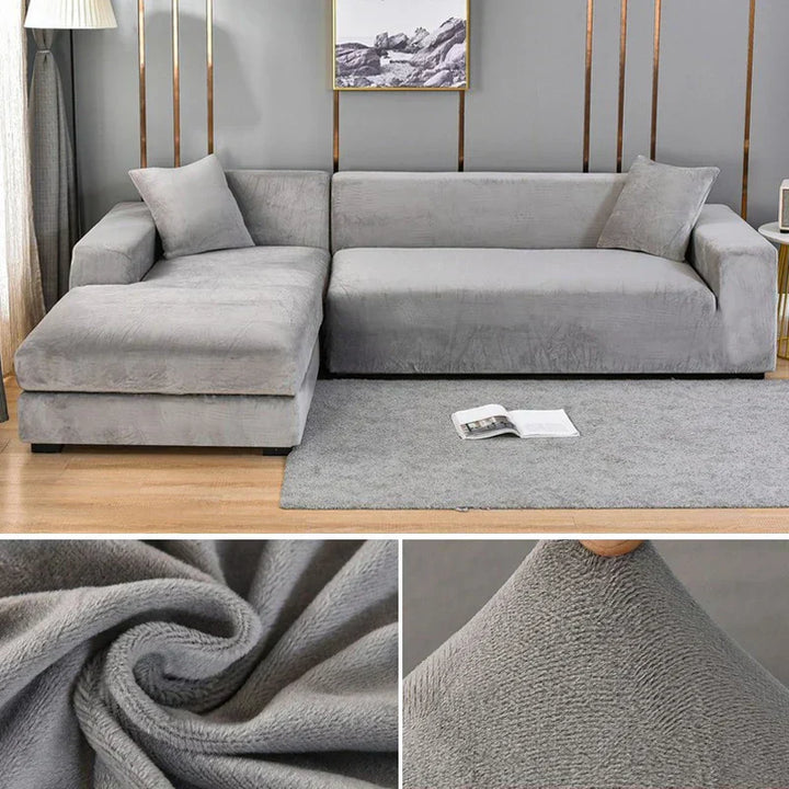 "Stretch-fit wrinkle-free washable sofa cover in beige, elegantly protecting modern couch, ideal for home decoration."
