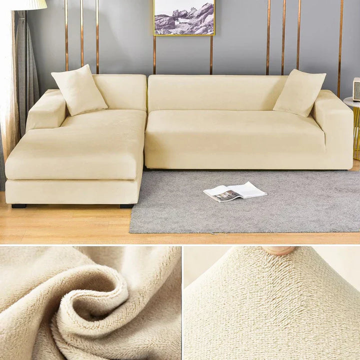 "Stretch-fit wrinkle-free washable sofa cover in beige, elegantly protecting modern couch, ideal for home decoration."