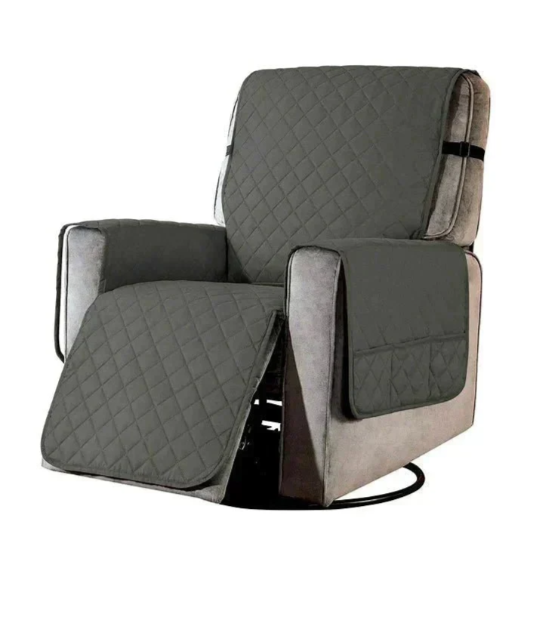 "Stretchable quilted recliner cover in grey, showcasing universal fit and plush, textured comfort for home seating protection