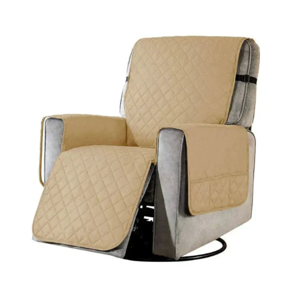 "Stretchable quilted recliner cover in grey, showcasing universal fit and plush, textured comfort for home seating protection