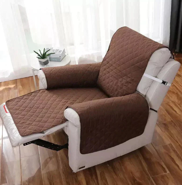 "Stretchable quilted recliner cover in grey, showcasing universal fit and plush, textured comfort for home seating protection