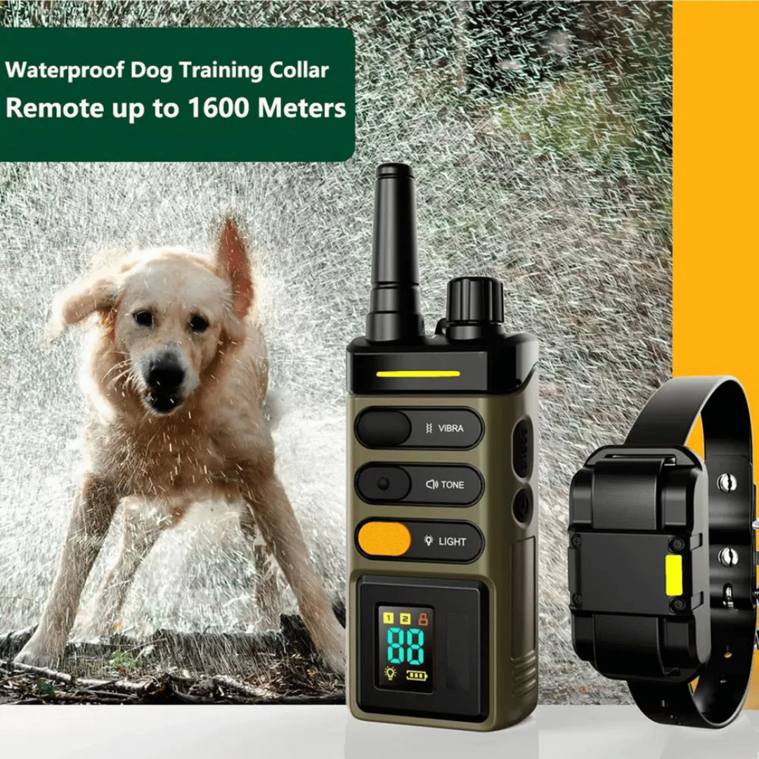 "Sturdy waterproof large dog training collar with 1 mile remote range, ideal for big breeds, shown in outdoor setting"