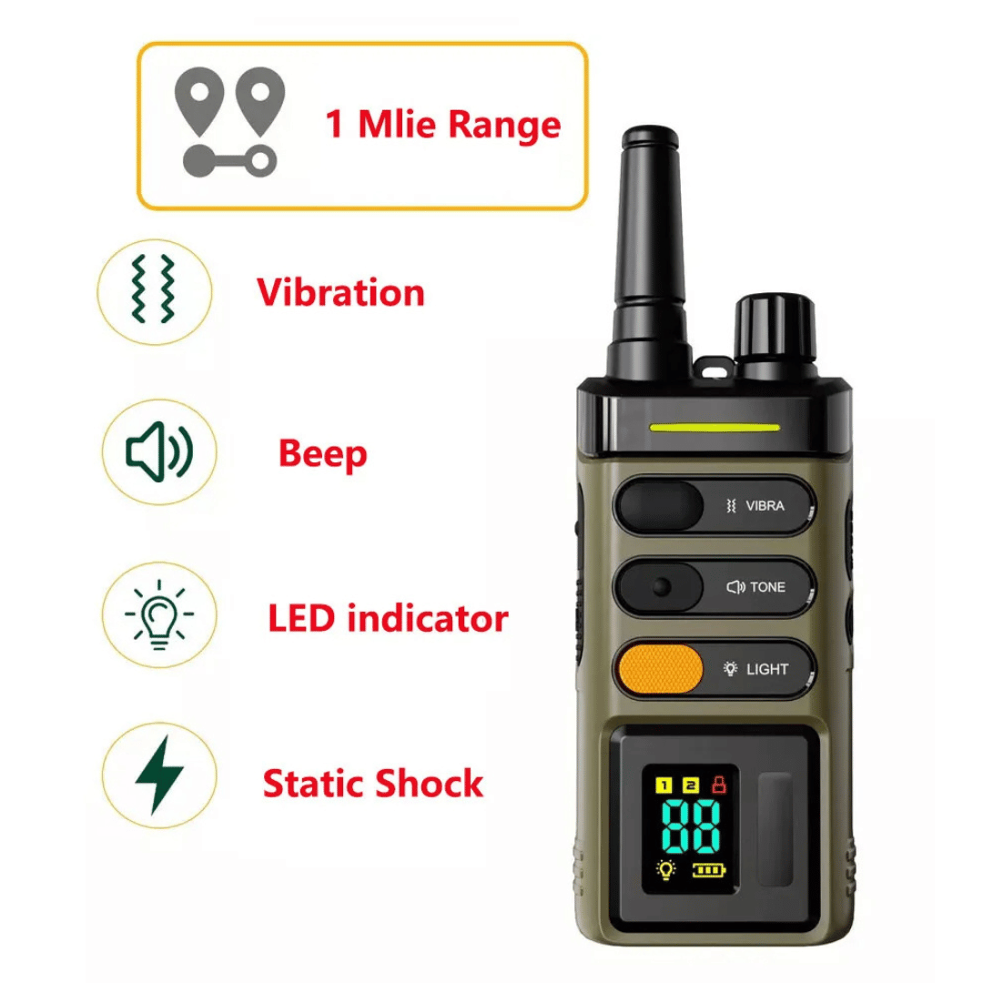 "Sturdy waterproof large dog training collar with 1 mile remote range, ideal for big breeds, shown in outdoor setting"
