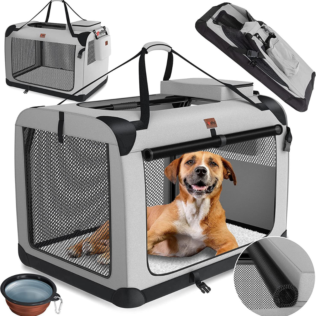"Stylish foldable dog carrier bag with mesh panels and padded handle, perfect for secure and comfortable pet travel."