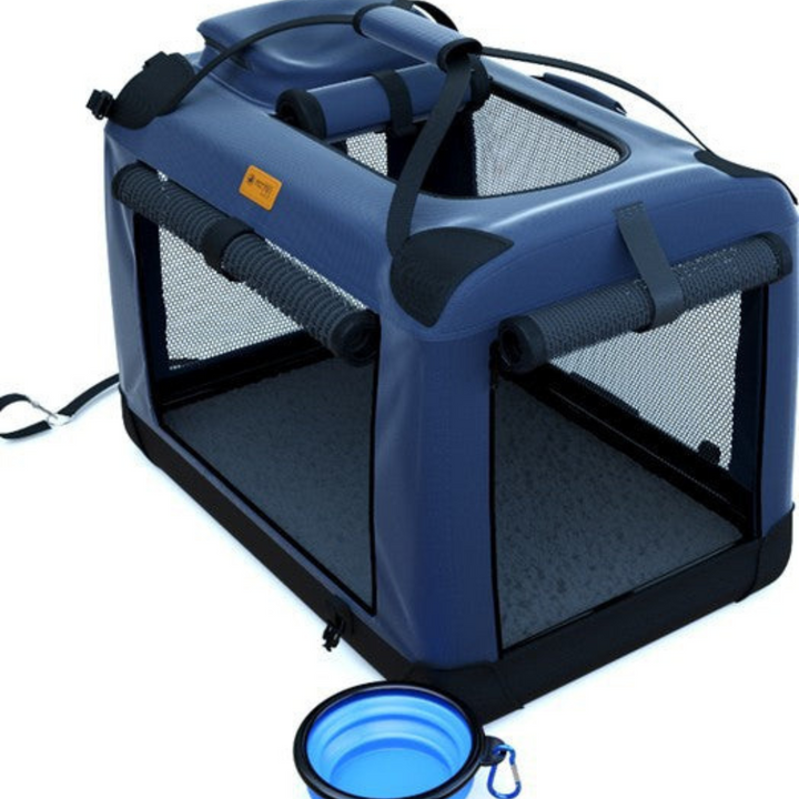 "Stylish foldable dog carrier bag with mesh panels and padded handle, perfect for secure and comfortable pet travel."