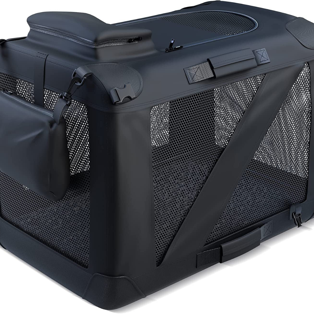 "Stylish foldable dog carrier bag with mesh panels and padded handle, perfect for secure and comfortable pet travel."
