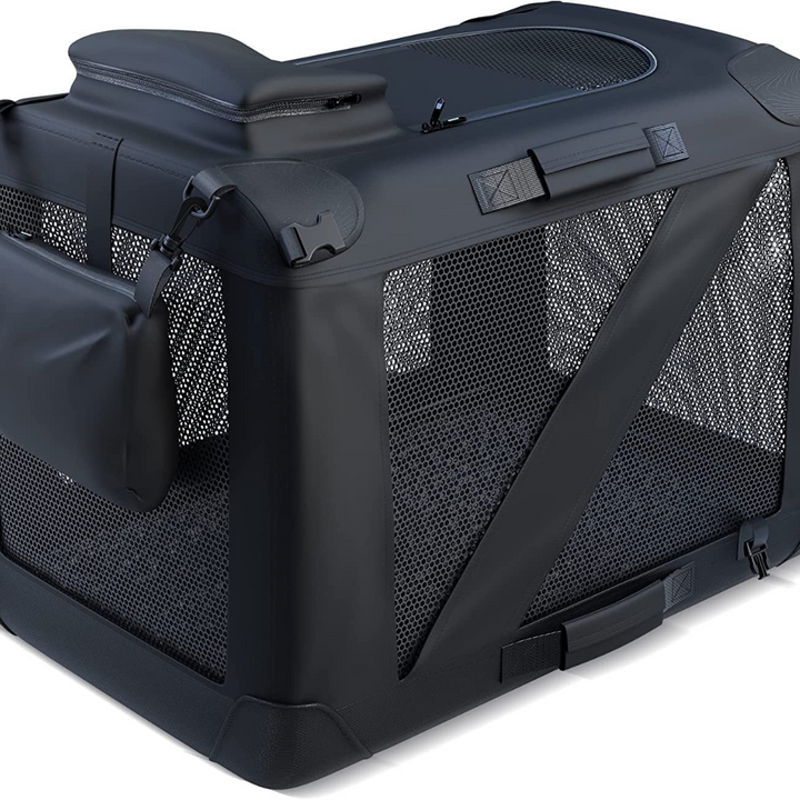 "Stylish foldable dog carrier bag with mesh panels and padded handle, perfect for secure and comfortable pet travel."