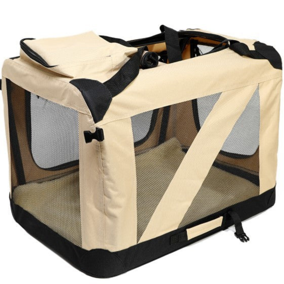 "Stylish foldable dog carrier bag with mesh panels and padded handle, perfect for secure and comfortable pet travel."