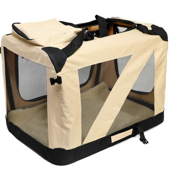 "Stylish foldable dog carrier bag with mesh panels and padded handle, perfect for secure and comfortable pet travel."
