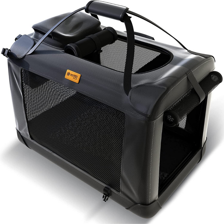"Stylish foldable dog carrier bag with mesh panels and padded handle, perfect for secure and comfortable pet travel."