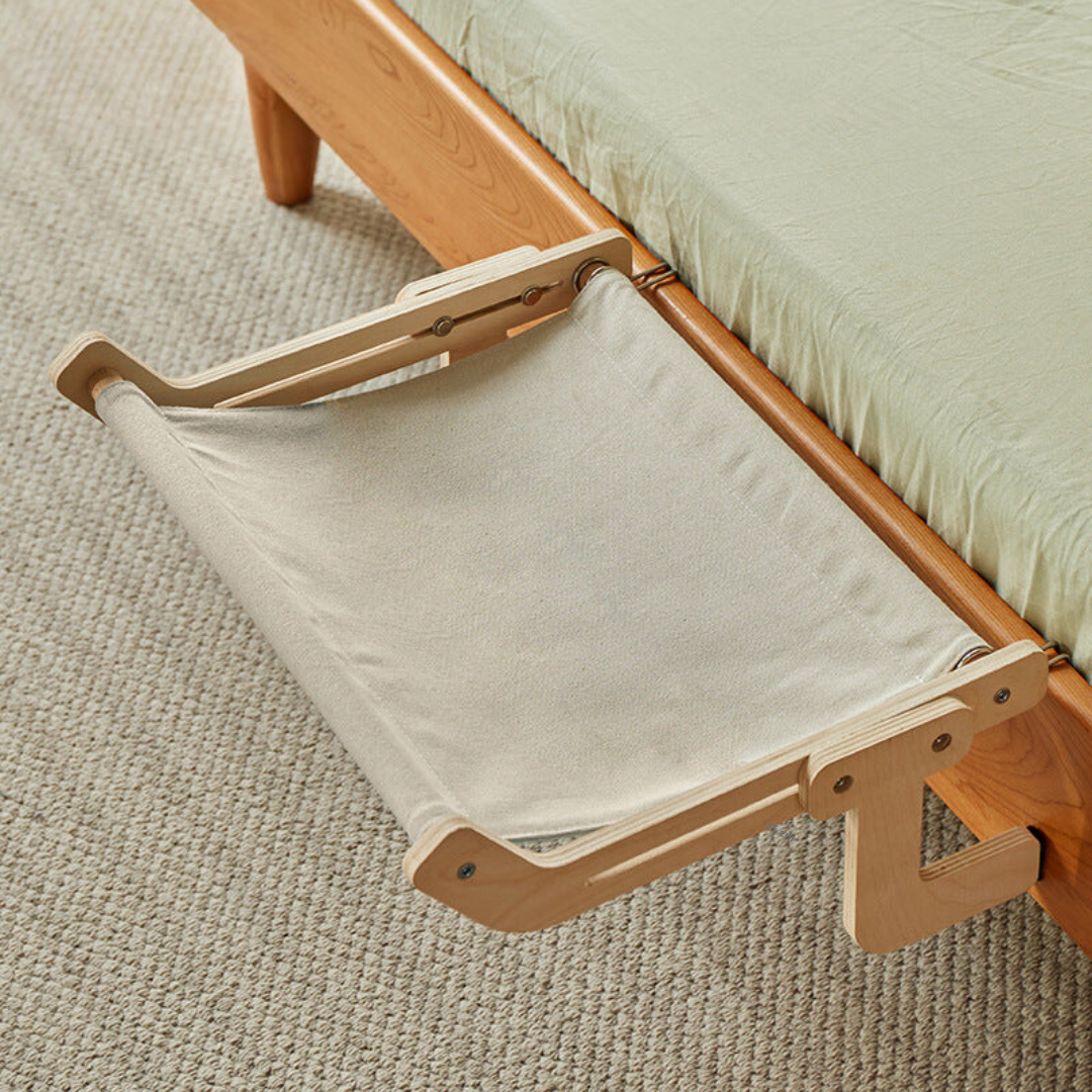 "Stylish space-saving cat hammock in soft fabrics, fits under furniture, available in chic colors, perfect for pet comfort."