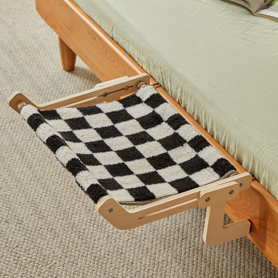 "Stylish space-saving cat hammock in soft fabrics, fits under furniture, available in chic colors, perfect for pet comfort."