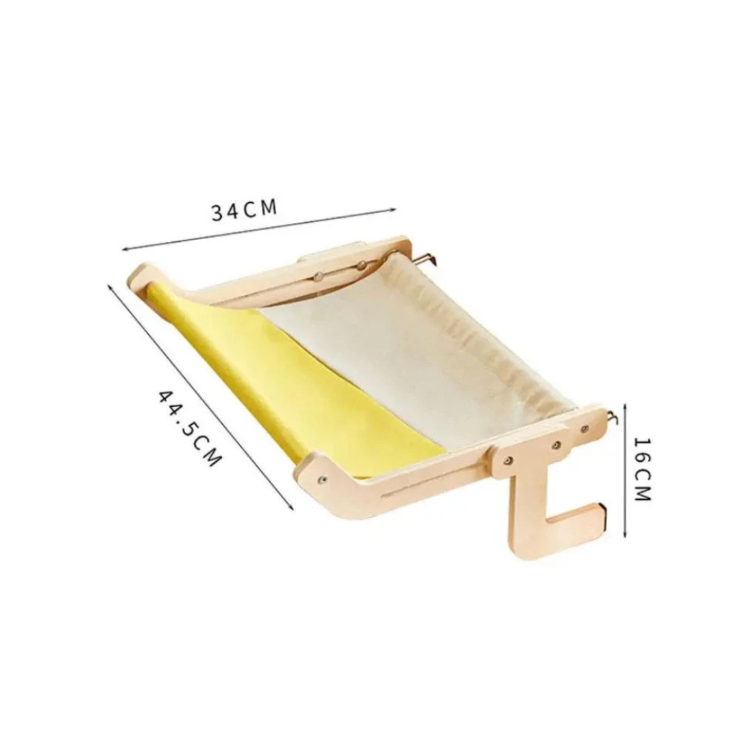 "Stylish space-saving cat hammock in soft fabrics, fits under furniture, available in chic colors, perfect for pet comfort."