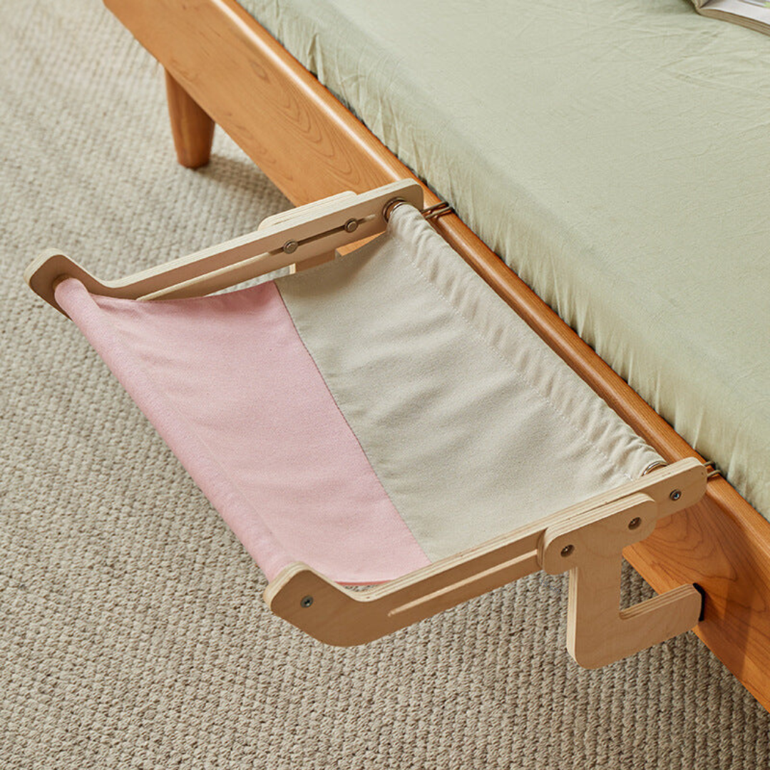 "Stylish space-saving cat hammock in soft fabrics, fits under furniture, available in chic colors, perfect for pet comfort."