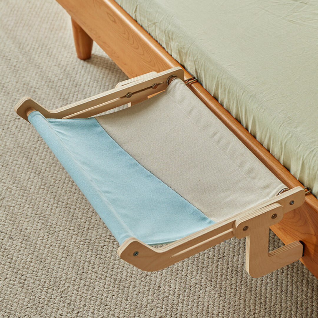 "Stylish space-saving cat hammock in soft fabrics, fits under furniture, available in chic colors, perfect for pet comfort."