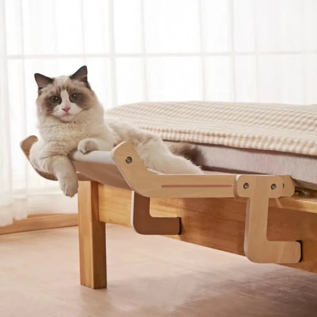"Stylish space-saving cat hammock in soft fabrics, fits under furniture, available in chic colors, perfect for pet comfort."