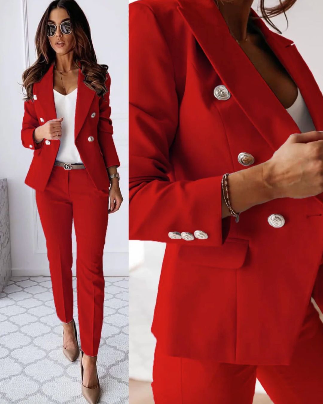 Stylish women's double-breasted suit with metallic buttons and tailored fit; perfect for corporate or formal settings.