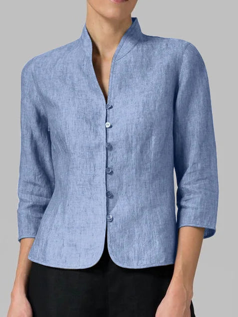 Stylish women's linen blazer with a tailored fit and mandarin collar, perfect for modern everyday elegance and versatility.