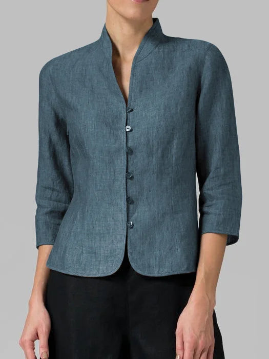 Stylish women's linen blazer with a tailored fit and mandarin collar, perfect for modern everyday elegance and versatility.