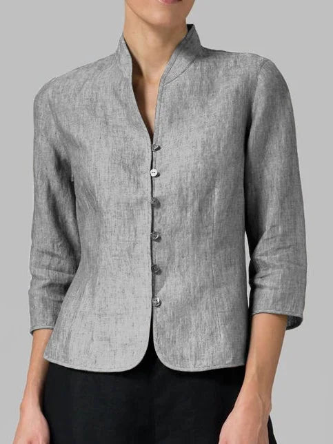 Stylish women's linen blazer with a tailored fit and mandarin collar, perfect for modern everyday elegance and versatility.