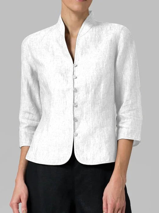 Stylish women's linen blazer with a tailored fit and mandarin collar, perfect for modern everyday elegance and versatility.