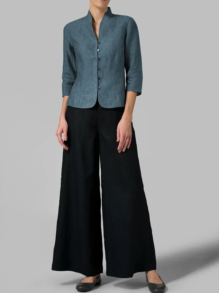 Stylish women's linen blazer with a tailored fit and mandarin collar, perfect for modern everyday elegance and versatility.