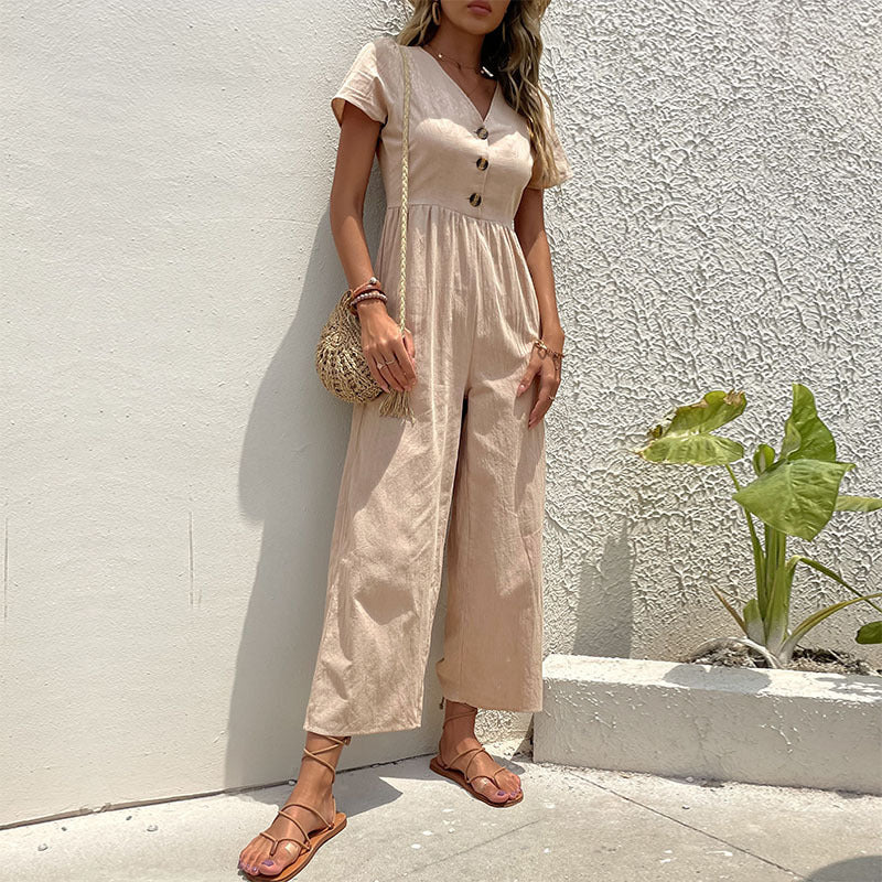 "Stylish women's wide leg linen jumpsuit with button-front, relaxed fit, perfect for summer casual outings."