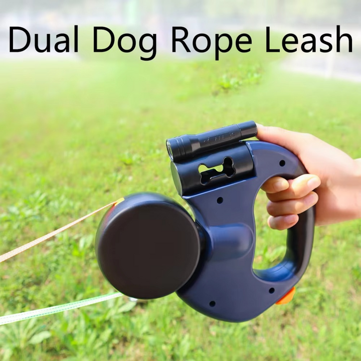 "Tangle-free dual dog leash with LED light for safe walks, featuring 360° swivel, ergonomic handle, and color-coded leads."