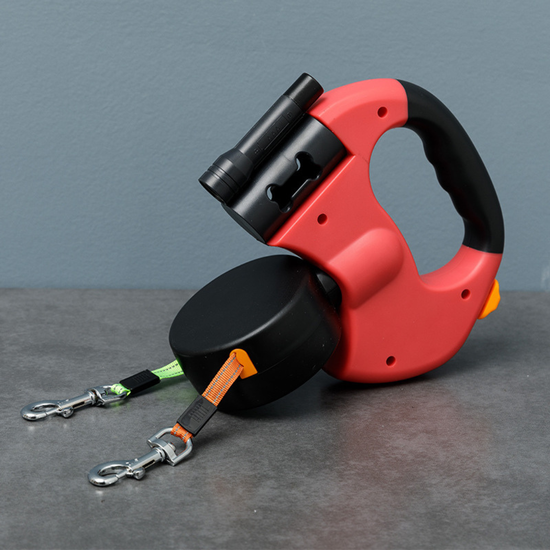 "Tangle-free dual dog leash with LED light for safe walks, featuring 360° swivel, ergonomic handle, and color-coded leads."